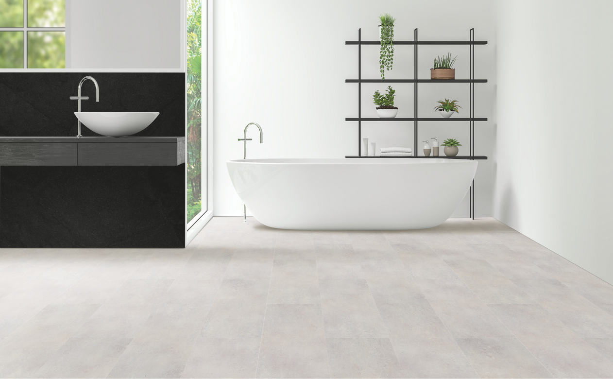 Tile flooring in a modern bathroom with freestanding tub